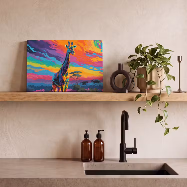 Canvas schilderij - Giraffe - Savanna - Lucht - Gekleurd — 3