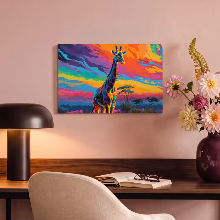 Canvas schilderij - Giraffe - Savanna - Lucht - Gekleurd — 4