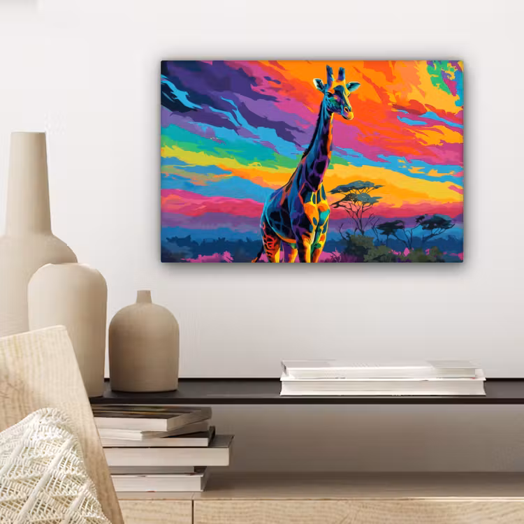 Canvas schilderij - Giraffe - Savanna - Lucht - Gekleurd — 5