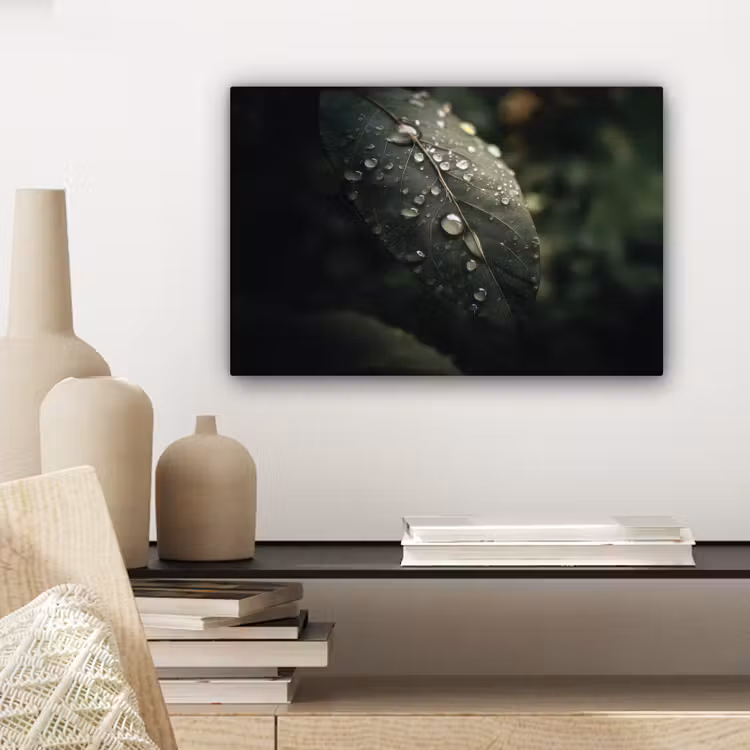 Canvas schilderij - Blad - Groen - Nerven - Regendruppels — 5
