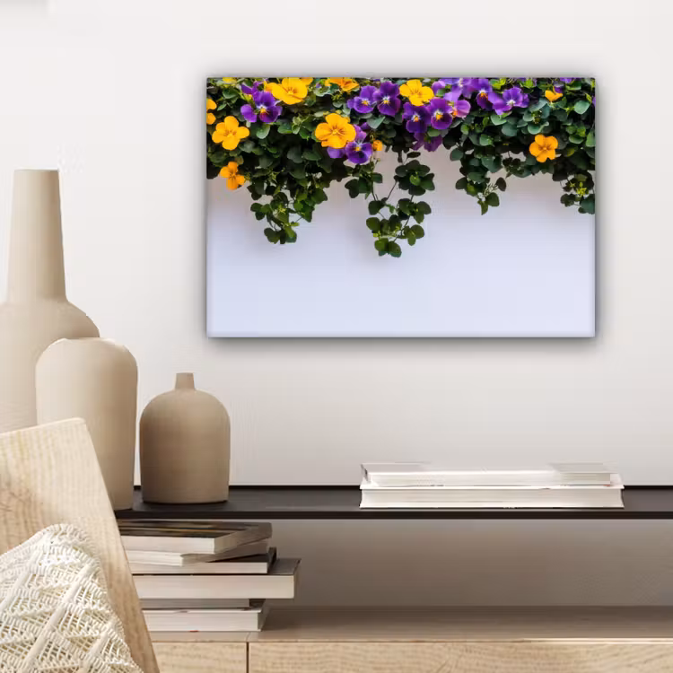 Canvas schilderij - Bloemen - Muur - Geel - Paars — 5
