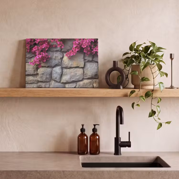 Canvas schilderij - Bougainvillea - Stenen Muur - Roze — 3