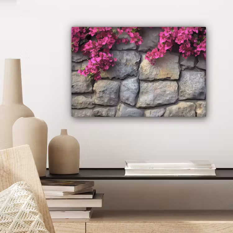 Canvas schilderij - Bougainvillea - Stenen Muur - Roze — 5