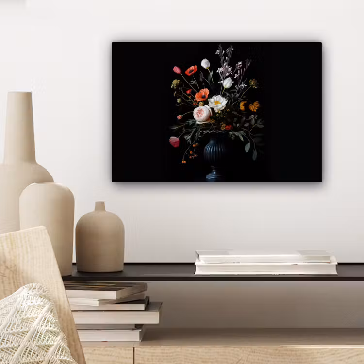 Canvas schilderij - Bloemstuk - Vaas - Zwart — 5