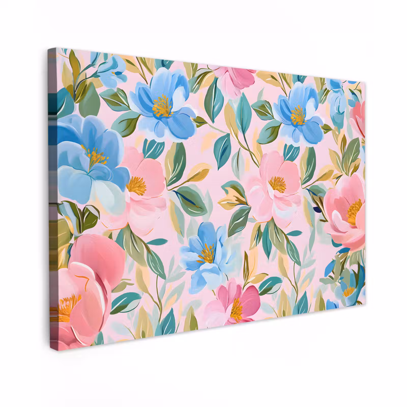 Canvas schilderij - Blauw - Roze - Bloemen — 1