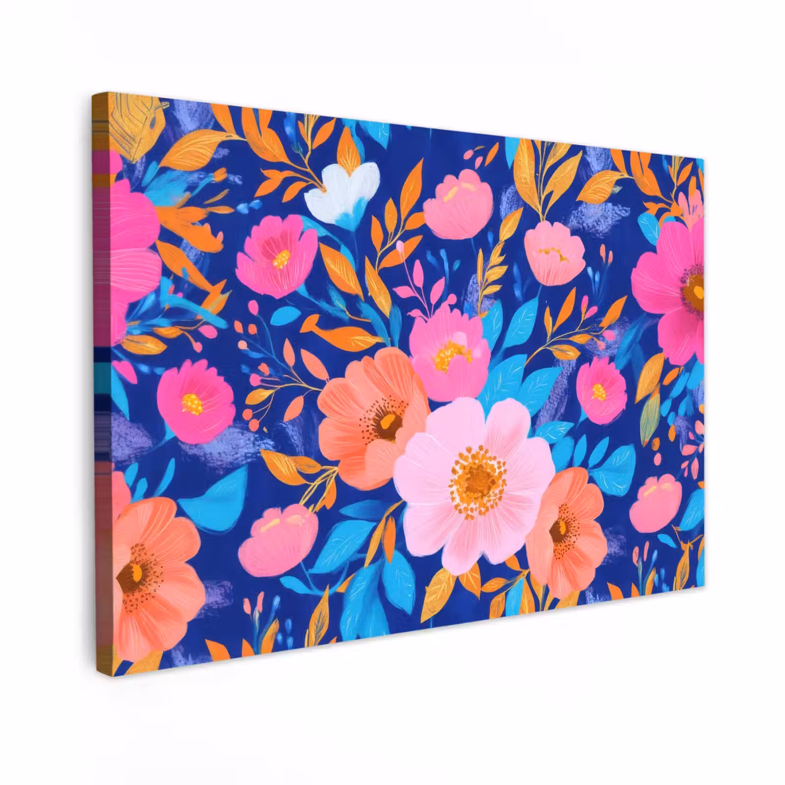 Canvas schilderij - Bloemen - Blauw - Roze — 1