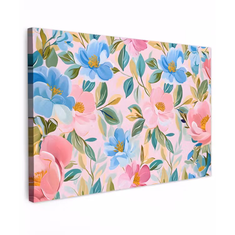 Canvas schilderij - Blauw - Roze - Bloemen — 1