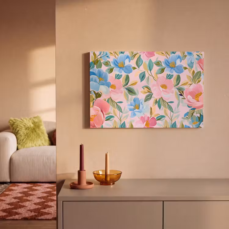 Canvas schilderij - Blauw - Roze - Bloemen — 2