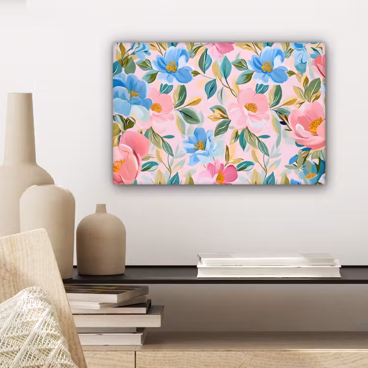 Canvas schilderij - Blauw - Roze - Bloemen — 5