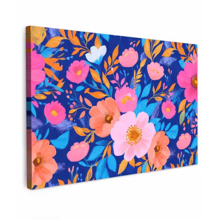 Canvas schilderij - Bloemen - Blauw - Roze — 1