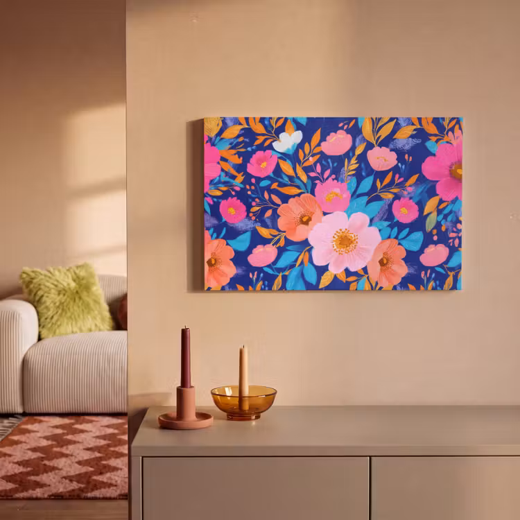Canvas schilderij - Bloemen - Blauw - Roze — 2