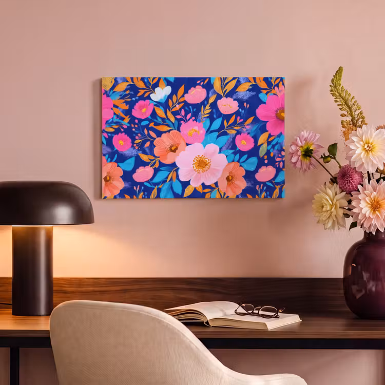 Canvas schilderij - Bloemen - Blauw - Roze — 4
