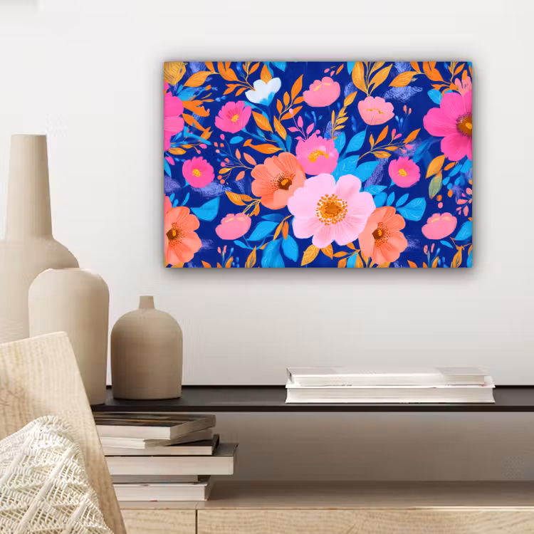 Canvas schilderij - Bloemen - Blauw - Roze — 5
