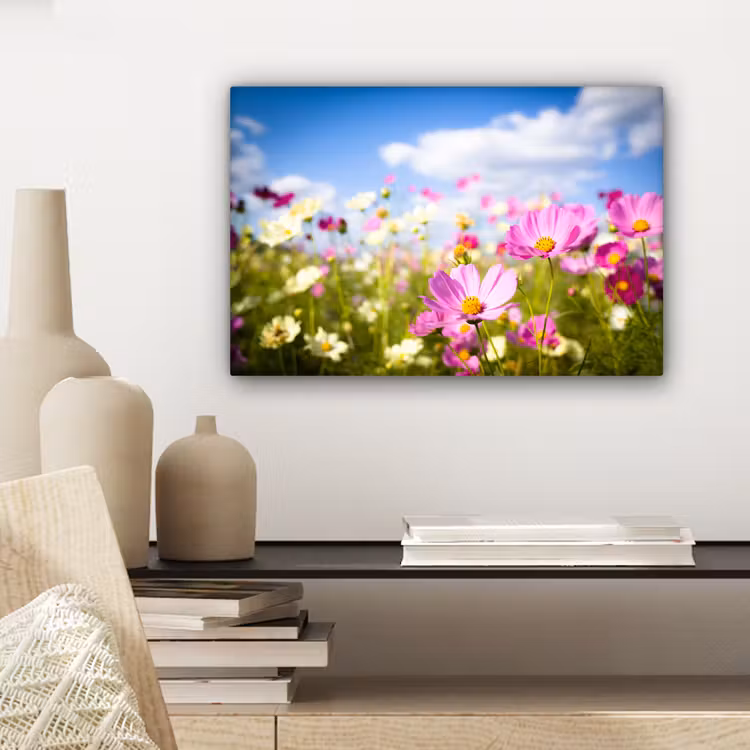 Canvas schilderij - Bloemen - Wei - Paars - Gras - Wit - Wolken - Blauw — 5