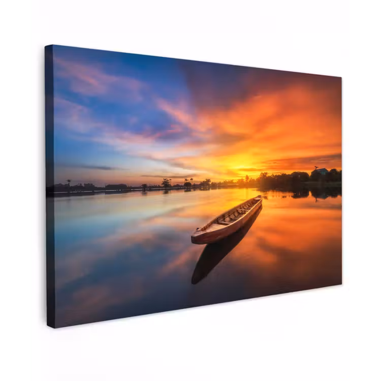 Canvas schilderij - Boot - Water - Zonsondergang - Oranje - Water — 1