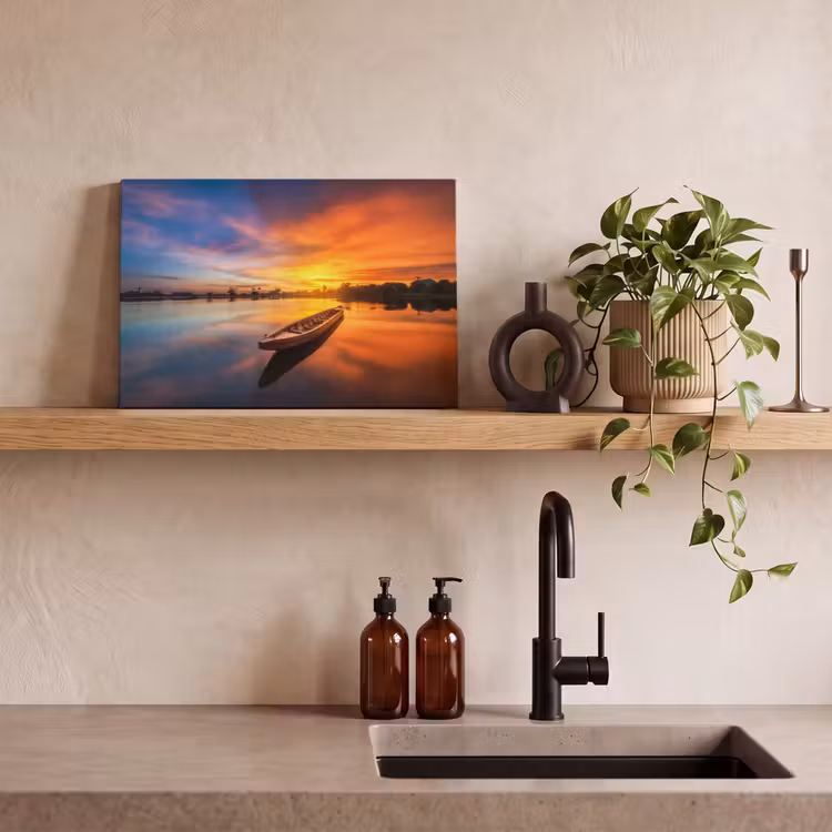 Canvas schilderij - Boot - Water - Zonsondergang - Oranje - Water — 3