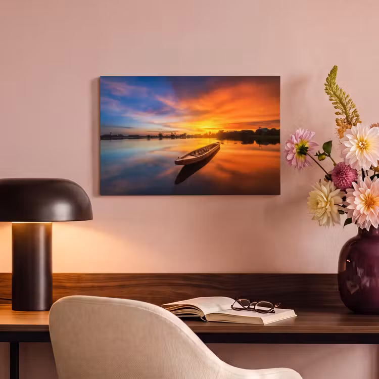 Canvas schilderij - Boot - Water - Zonsondergang - Oranje - Water — 4
