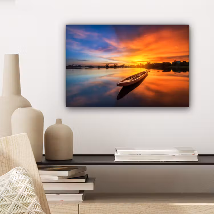Canvas schilderij - Boot - Water - Zonsondergang - Oranje - Water — 5