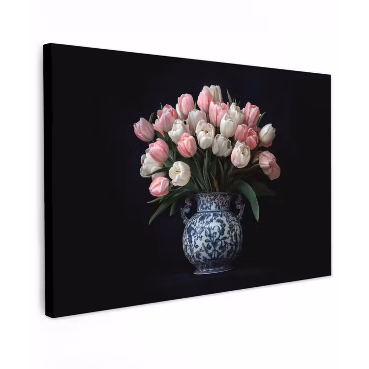 Canvas schilderij - Bloemen - Roze - Tulpen - Vaas — 1
