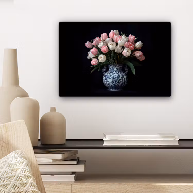 Canvas schilderij - Bloemen - Roze - Tulpen - Vaas — 5
