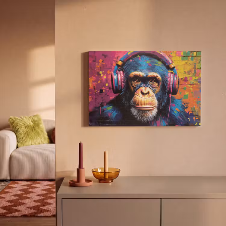 Canvas schilderij - Graffiti - Chimpanzee - Street art - Koptelefoon - Aap — 2