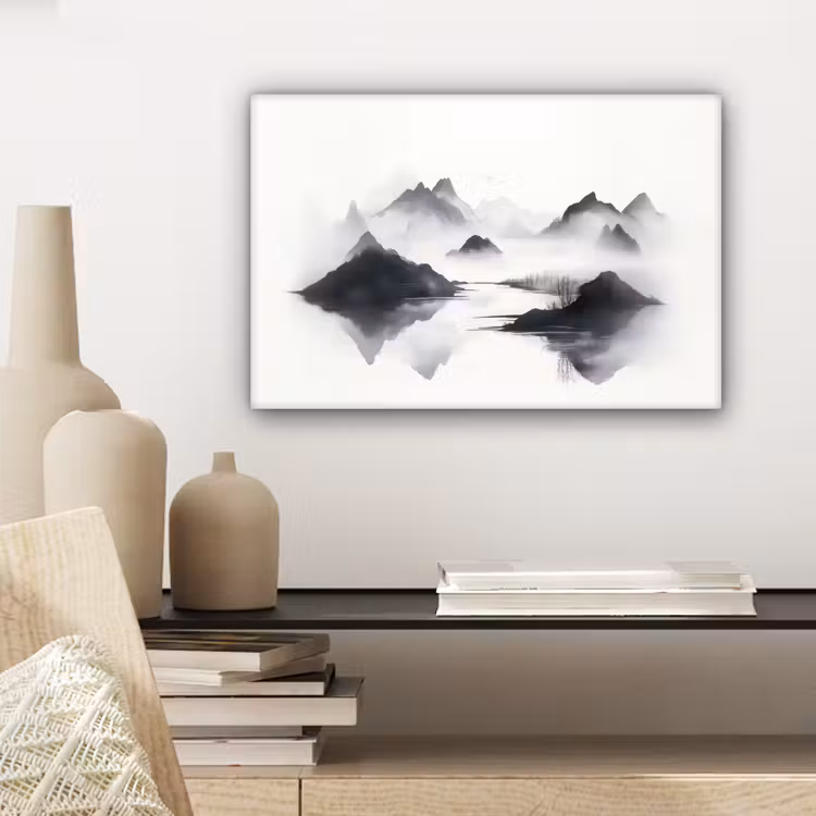 Canvas schilderij - Bergen - Mistig - Water - Wit — 5