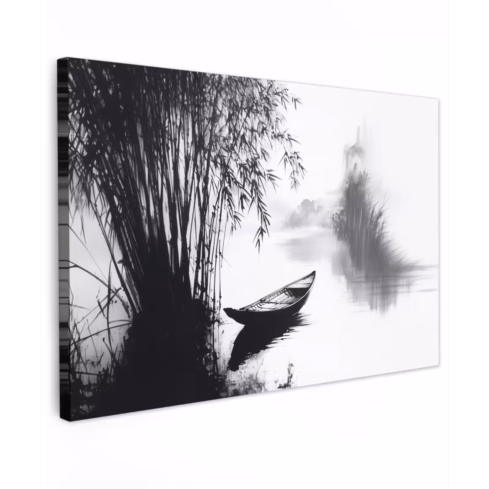 Canvas schilderij - Boot - Rivier - Bamboe - Wit — 1