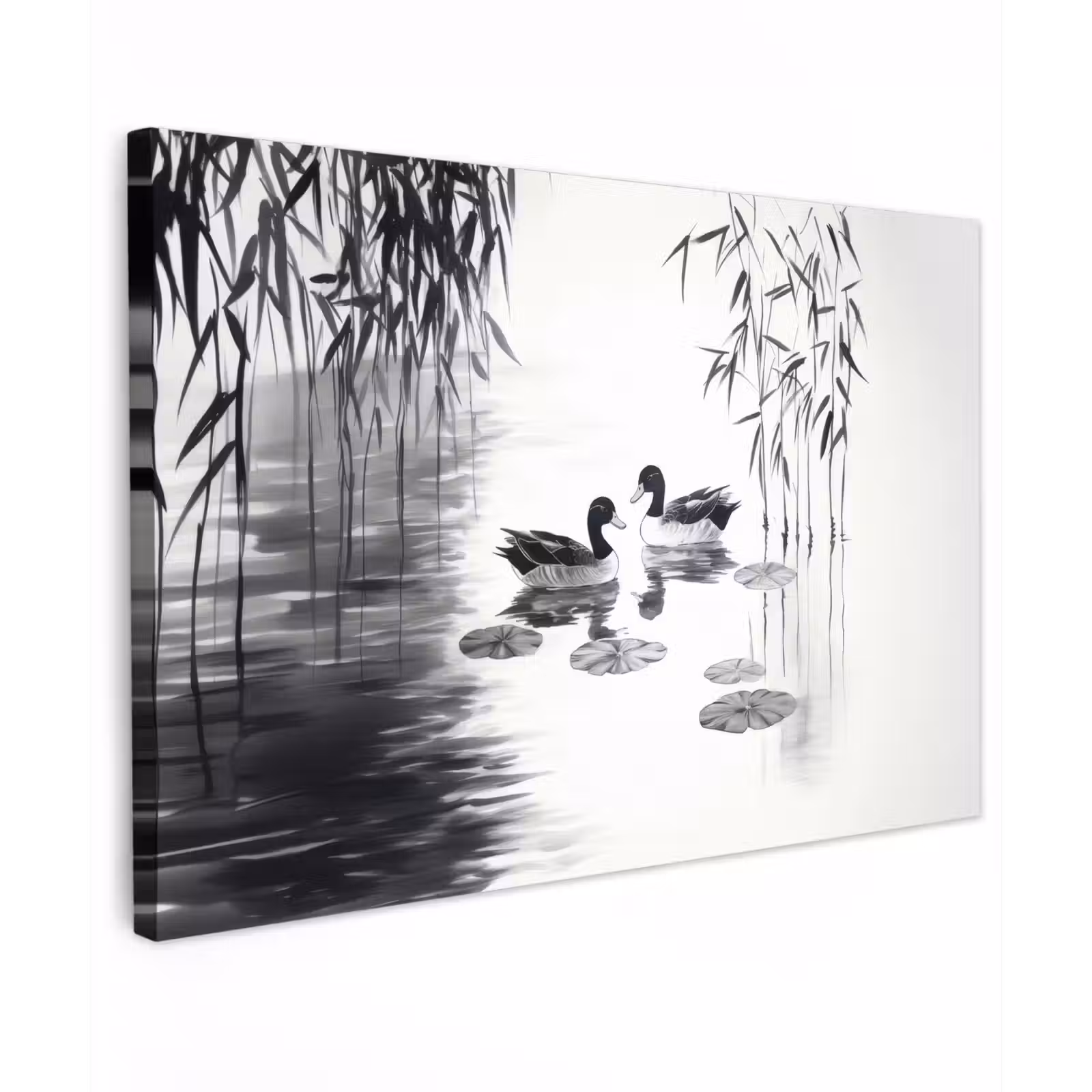 Canvas schilderij - Eenden - Waterlelies - Riet - Zwart — 1