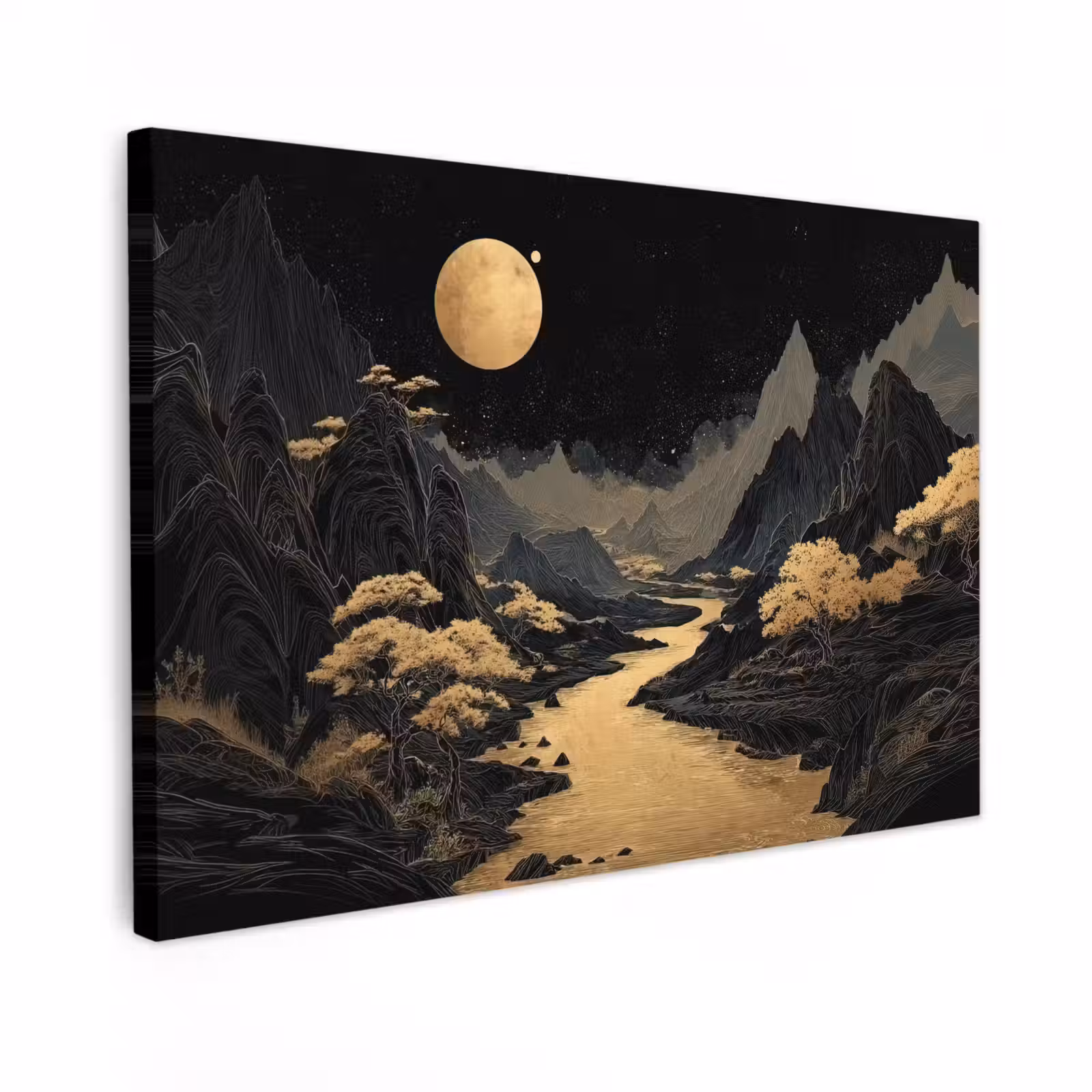 Canvas schilderij - Gouden rivier - Bergen - Maan - Sterrenhemel — 1