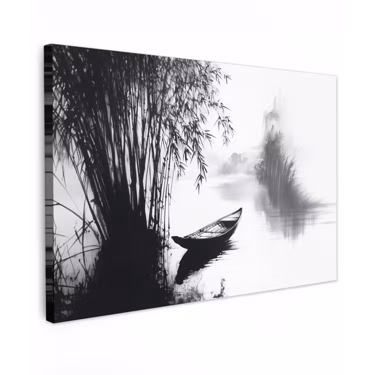 Canvas schilderij - Boot - Rivier - Bamboe - Wit — 1