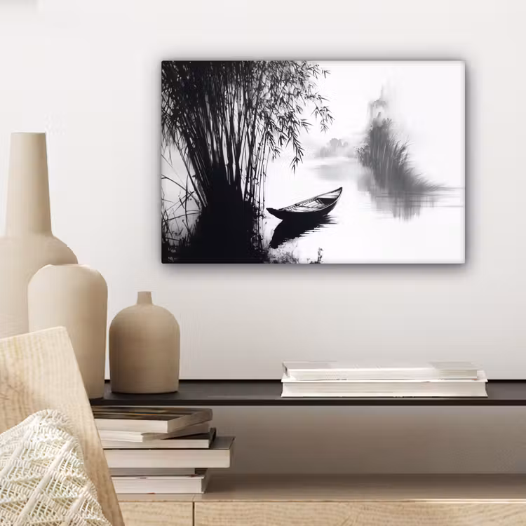 Canvas schilderij - Boot - Rivier - Bamboe - Wit — 5
