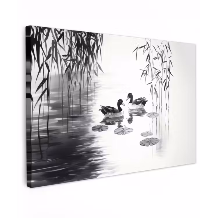 Canvas schilderij - Eenden - Waterlelies - Riet - Zwart — 1