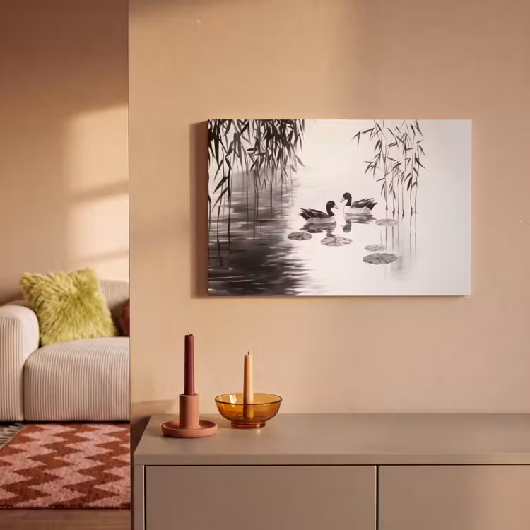 Canvas schilderij - Eenden - Waterlelies - Riet - Zwart — 2