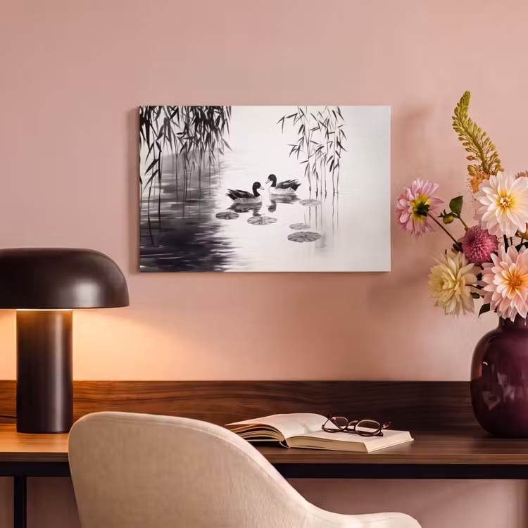 Canvas schilderij - Eenden - Waterlelies - Riet - Zwart — 4