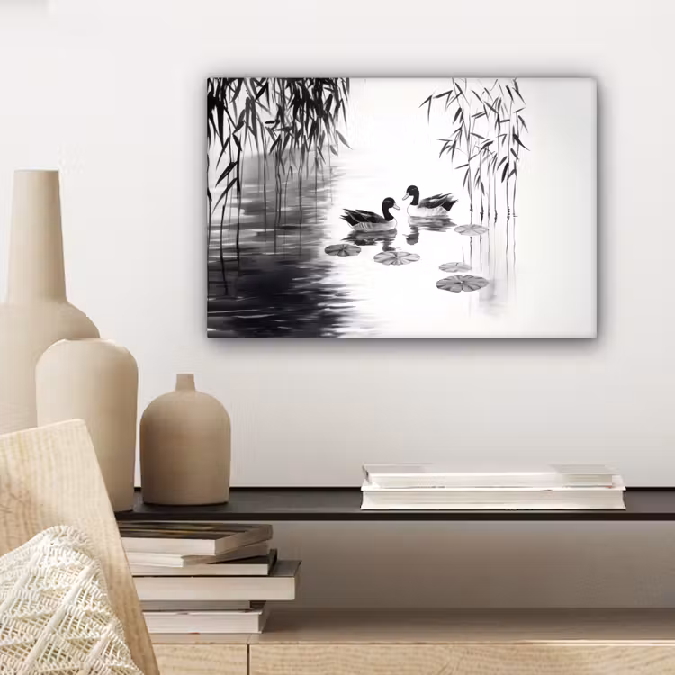Canvas schilderij - Eenden - Waterlelies - Riet - Zwart — 5
