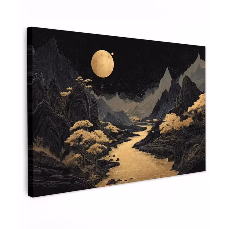Canvas schilderij - Gouden rivier - Bergen - Maan - Sterrenhemel — 1