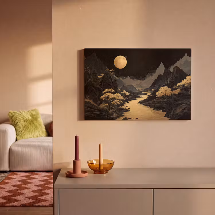 Canvas schilderij - Gouden rivier - Bergen - Maan - Sterrenhemel — 2