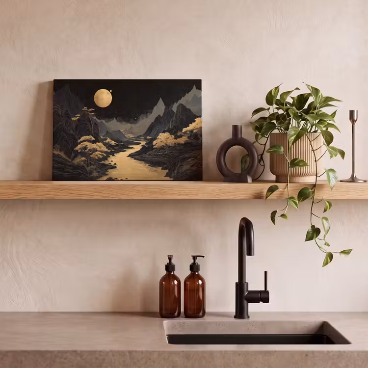 Canvas schilderij - Gouden rivier - Bergen - Maan - Sterrenhemel — 3