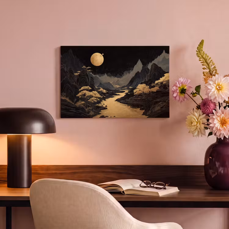 Canvas schilderij - Gouden rivier - Bergen - Maan - Sterrenhemel — 4