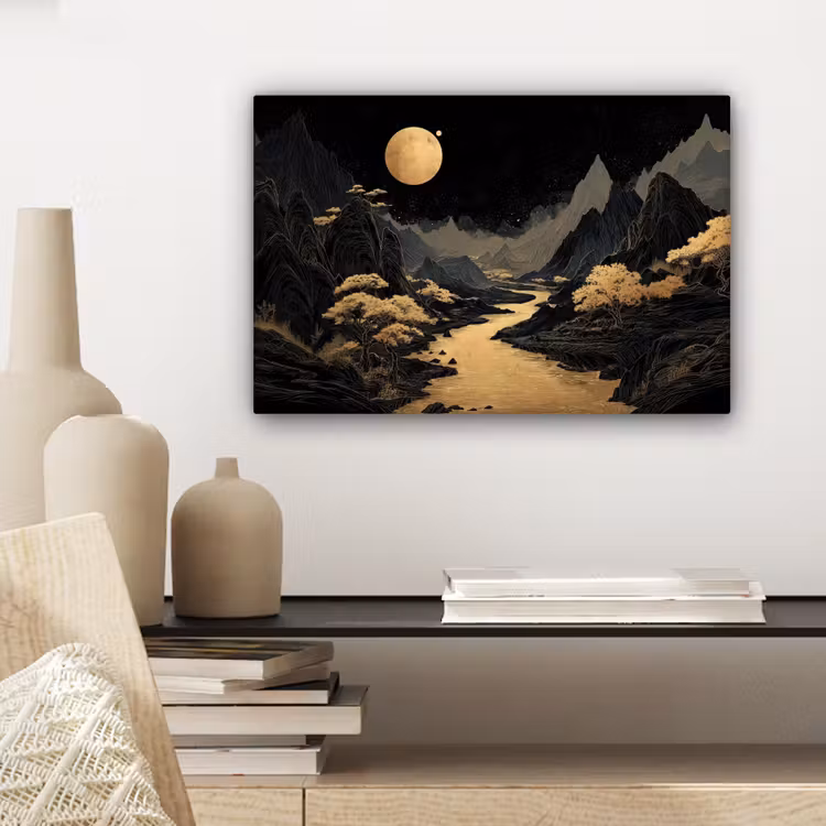 Canvas schilderij - Gouden rivier - Bergen - Maan - Sterrenhemel — 5