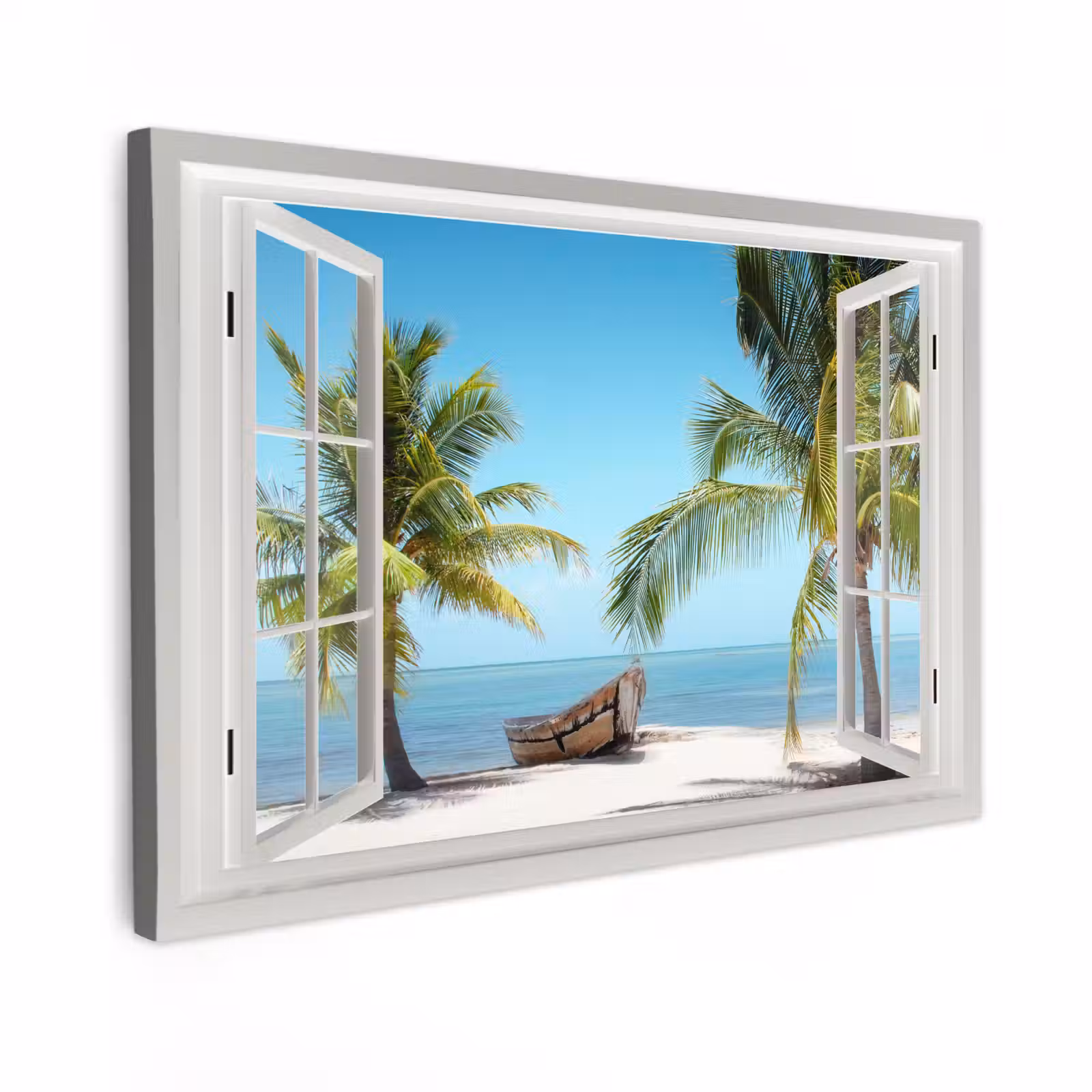Canvas schilderij - Doorkijk - Strand - Palmboom - Boot - Tropisch - Zee - Blauw — 1