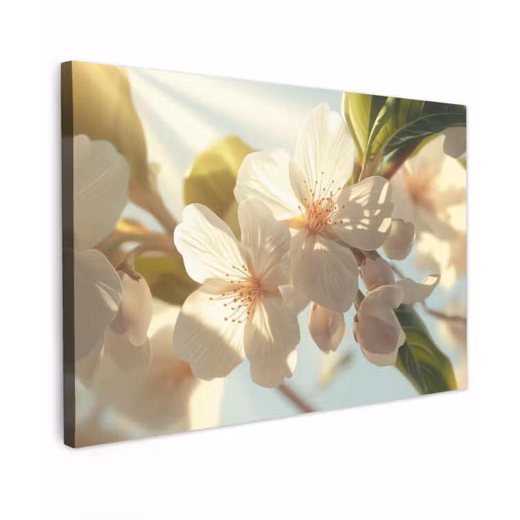 Canvas schilderij - Bloesems - Wit - Zonnestralen - Bloemblaadjes — 1
