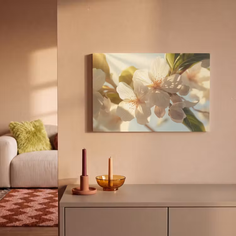 Canvas schilderij - Bloesems - Wit - Zonnestralen - Bloemblaadjes — 2