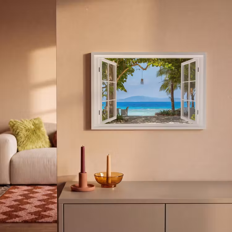 Canvas schilderij - Doorkijk - Boom - Zee - Palmboom - Heuvels - Strand - Blauw — 2