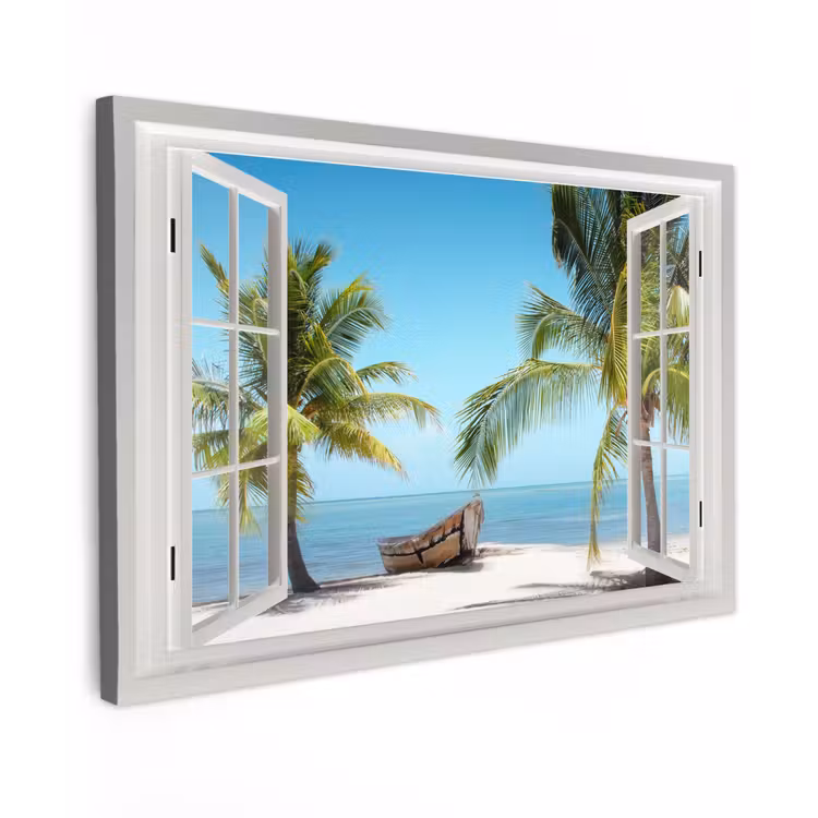Canvas schilderij - Doorkijk - Strand - Palmboom - Boot - Tropisch - Zee - Blauw — 1