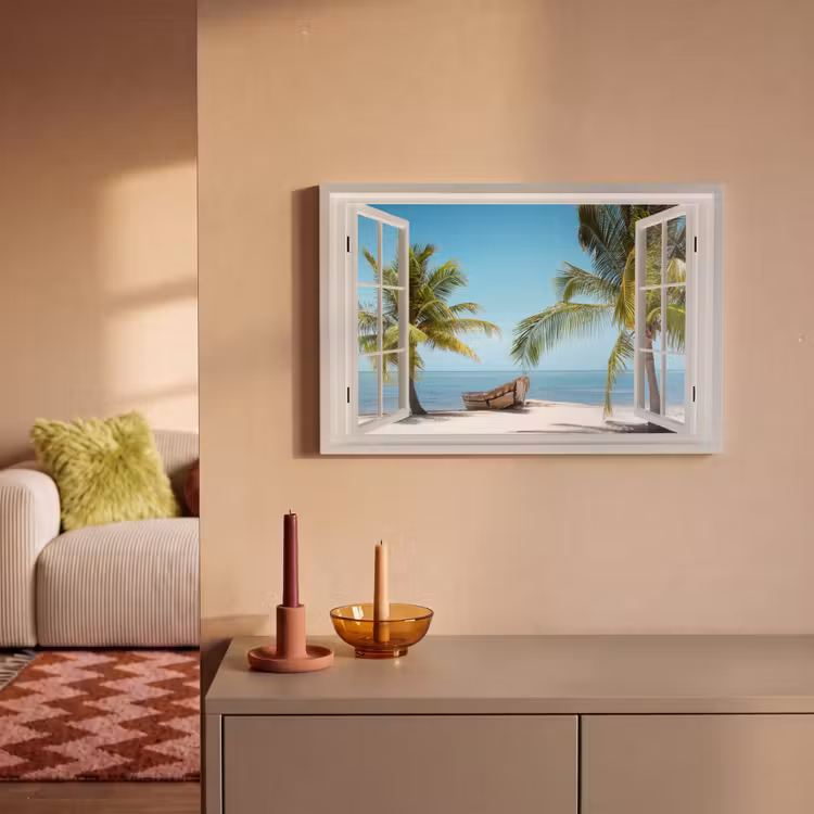 Canvas schilderij - Doorkijk - Strand - Palmboom - Boot - Tropisch - Zee - Blauw — 2
