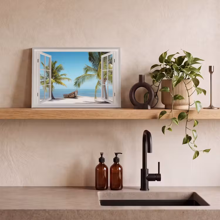 Canvas schilderij - Doorkijk - Strand - Palmboom - Boot - Tropisch - Zee - Blauw — 3
