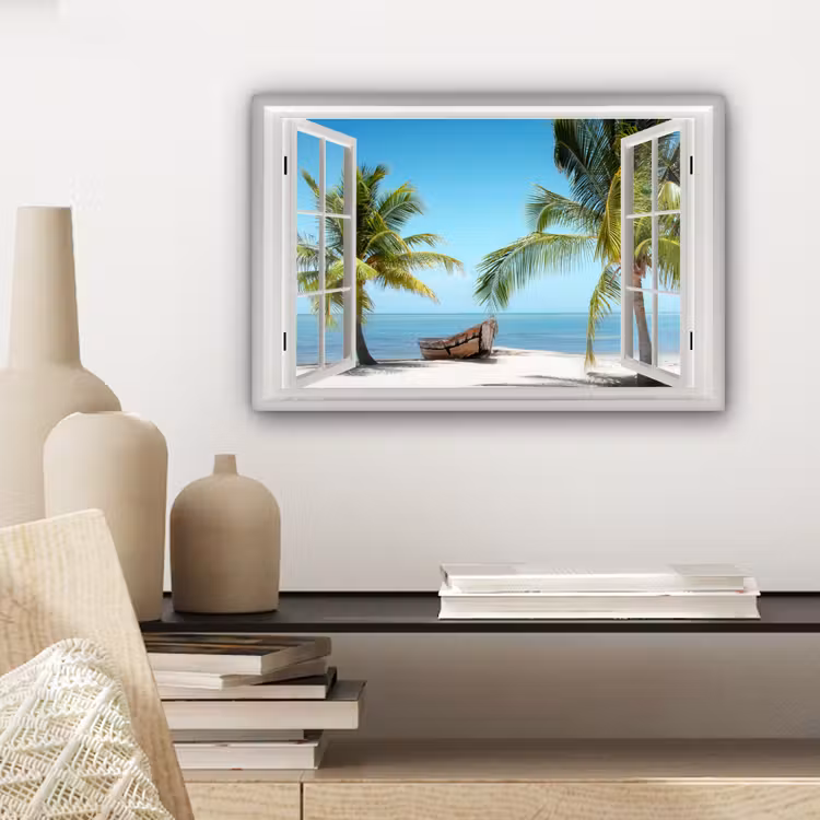 Canvas schilderij - Doorkijk - Strand - Palmboom - Boot - Tropisch - Zee - Blauw — 5