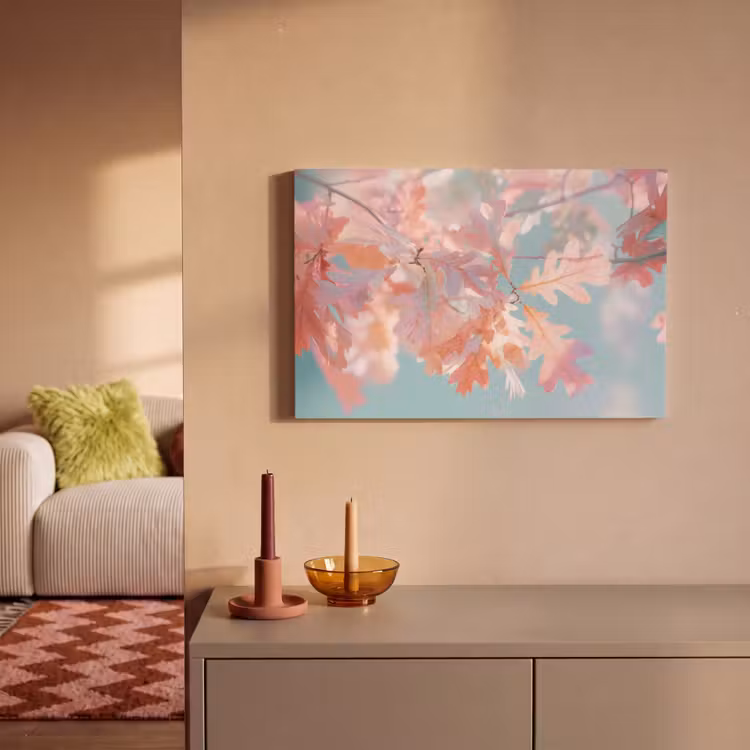 Canvas schilderij - Eikenbladeren - Takken - Roze — 2