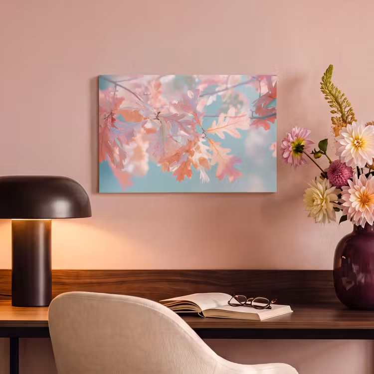 Canvas schilderij - Eikenbladeren - Takken - Roze — 4